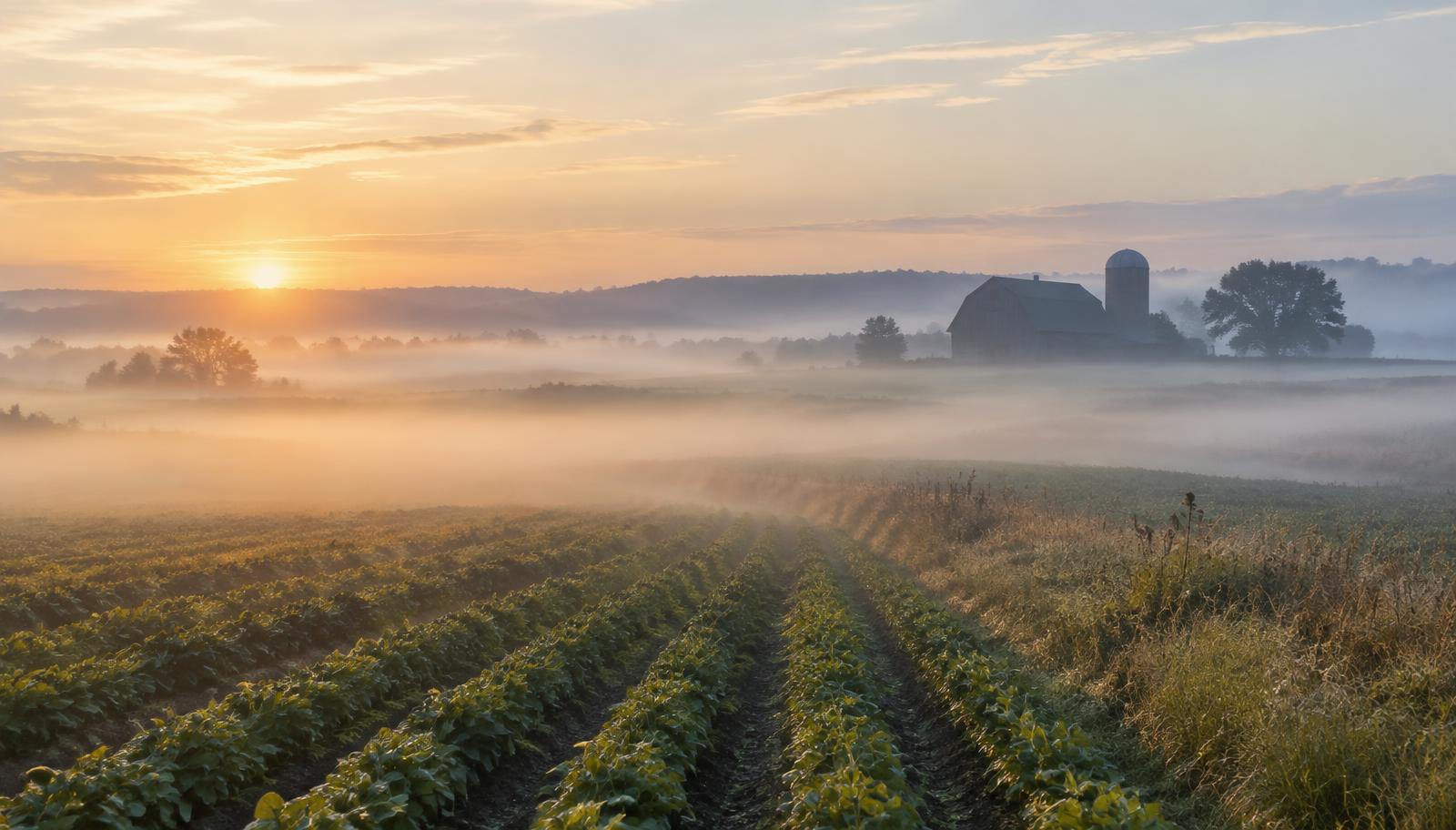 Low morning mist drifting over a quiet farm field at sunrise