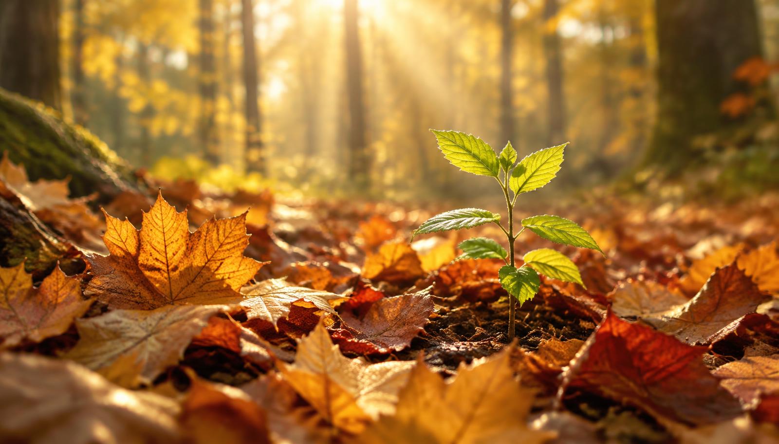 A small green sapling sprouting through fallen autumn leaves on the forest floor