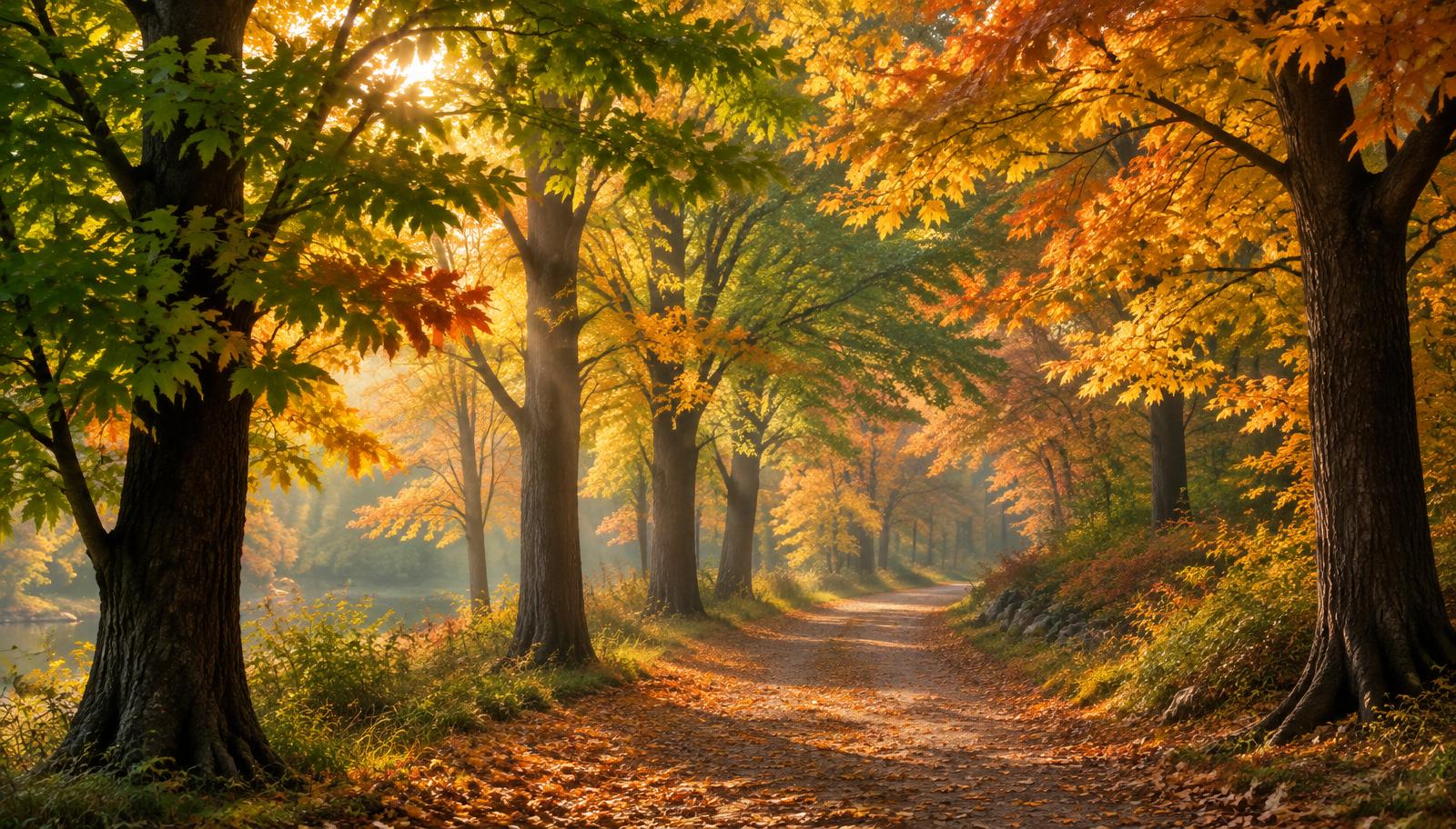 Maple trees turning from green to gold along a quiet autumn path