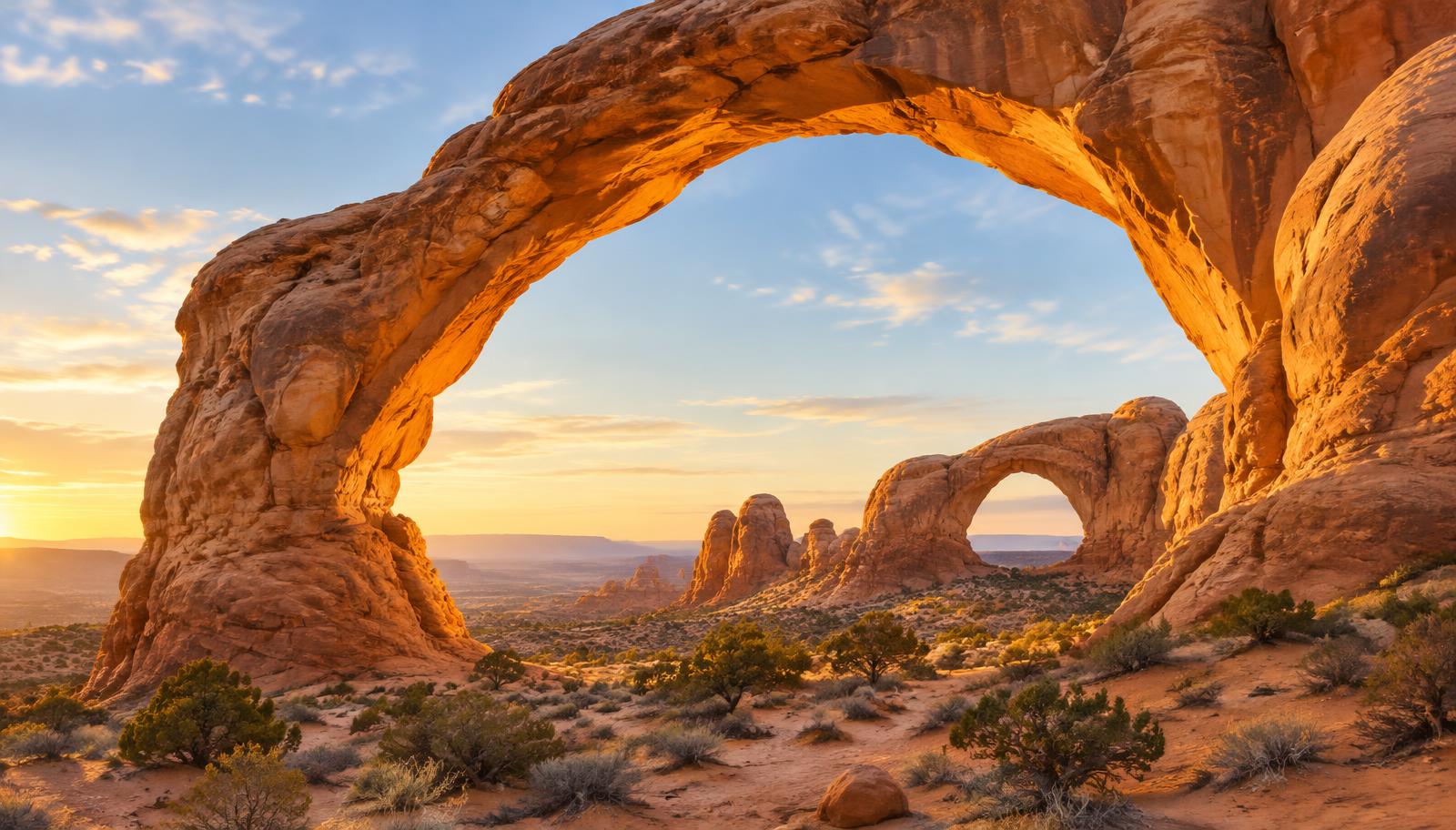 Natural sandstone arches glowing in golden desert light
