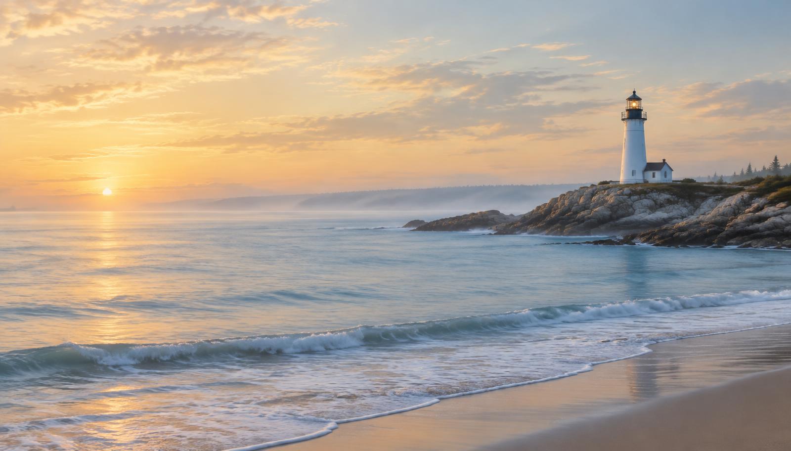 A calm ocean shoreline at dawn with a white lighthouse on the rocks
